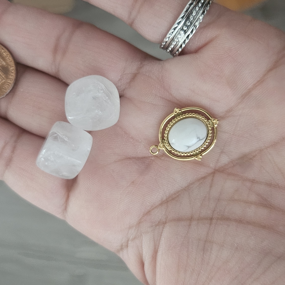 Elegant Gold and White Pendant w two quartz chakra cubes